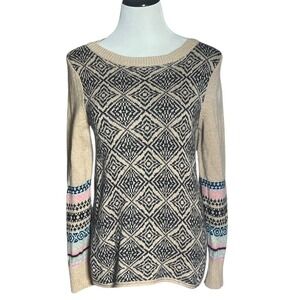 Sundance Womens Small Geometric Fair Isle Cashmere Blend Pullover Sweater Tan